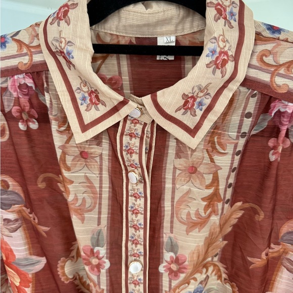 Sheer Floral Button-Front Midi Dress in Rust - Picture 8 of 10